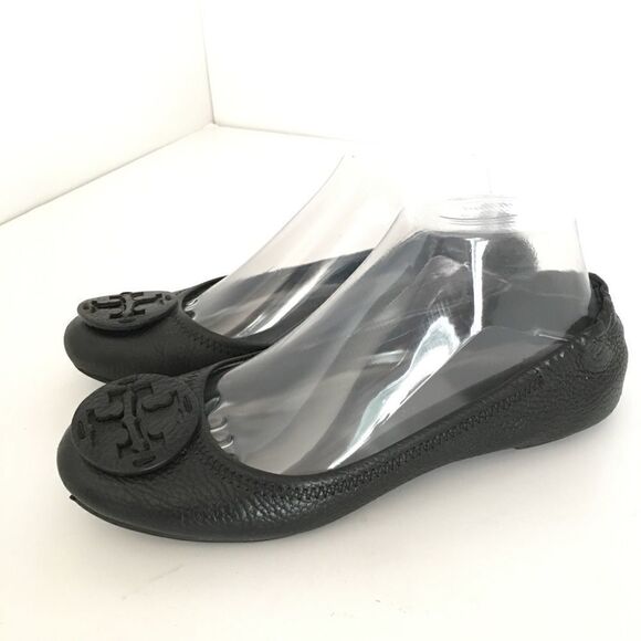 Tory Burch Sz 7.5 Black pebbled leather Reva flat - Picture 1 of 8
